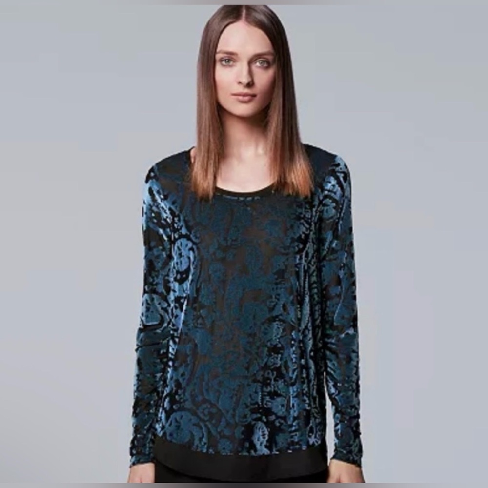 Vera Wang deep brown and Teal Velvet burn out Blouse frayed hem size M